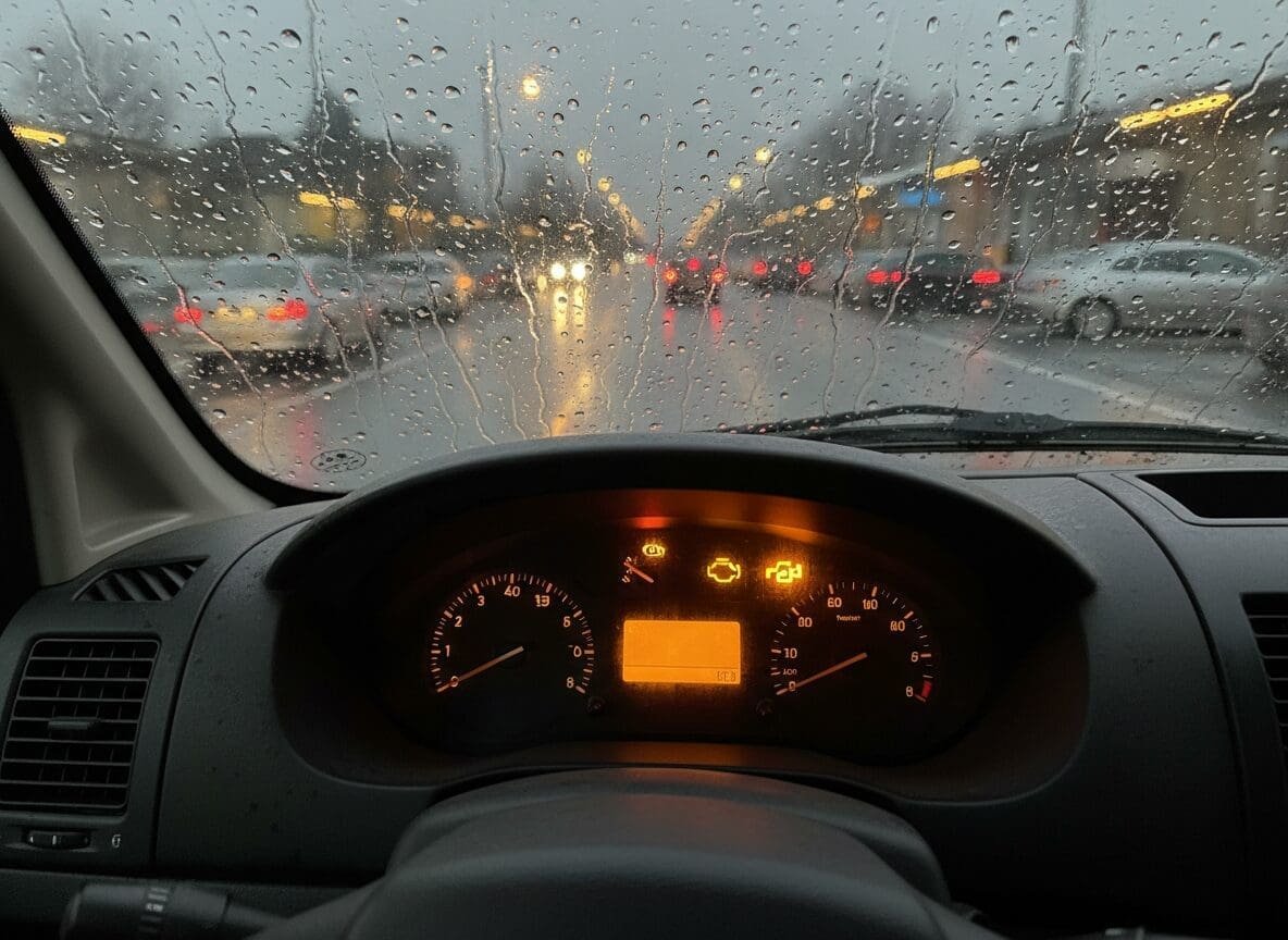 Vehicle dashboard warning lights glowing at dusk in wet rainy conditions