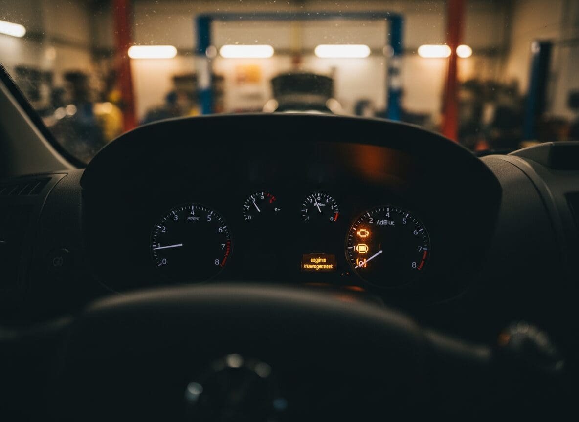 Diesel dashboard warning lights illuminated at night