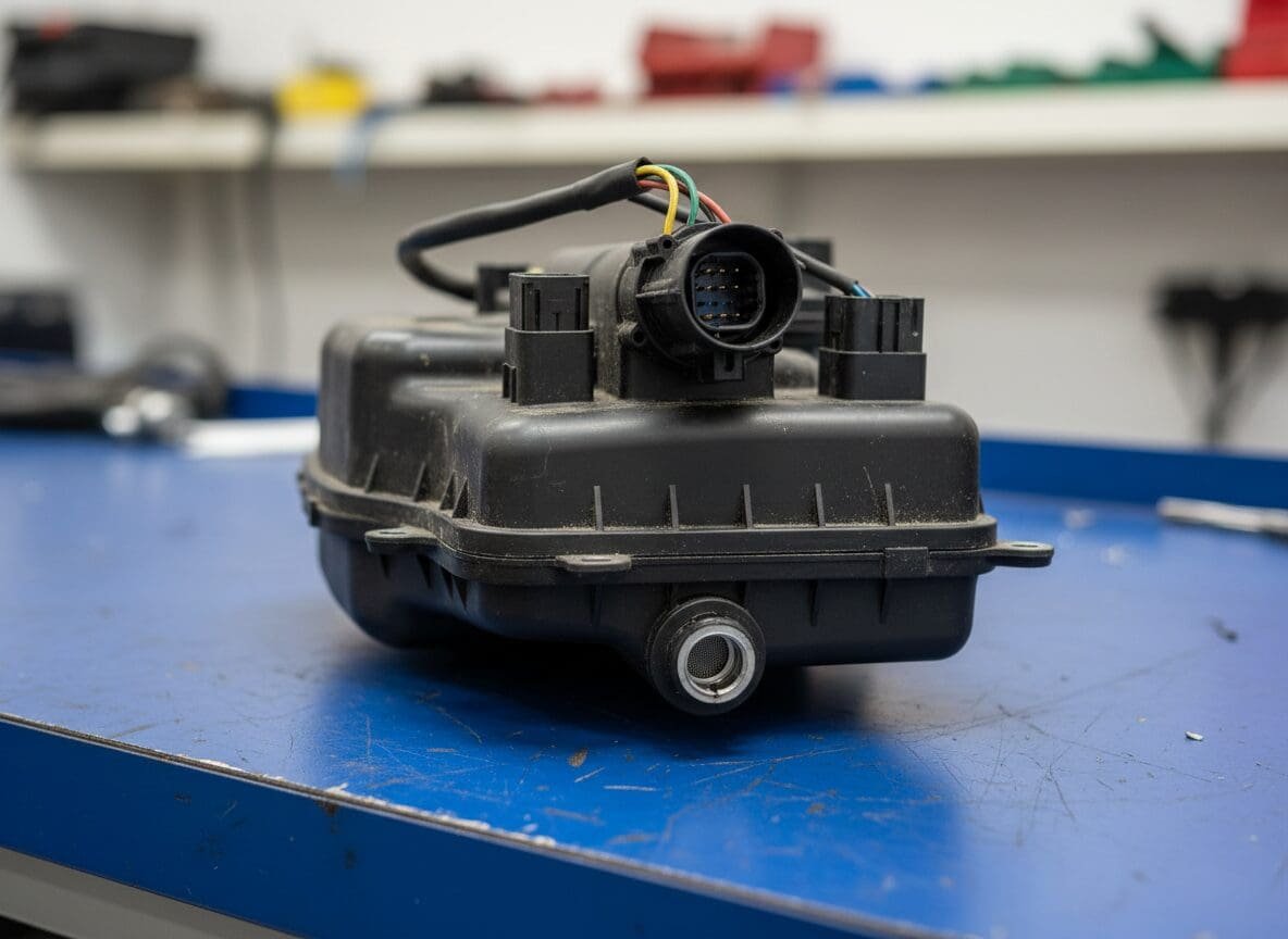 AdBlue pump unit removed from a vehicle on a workbench