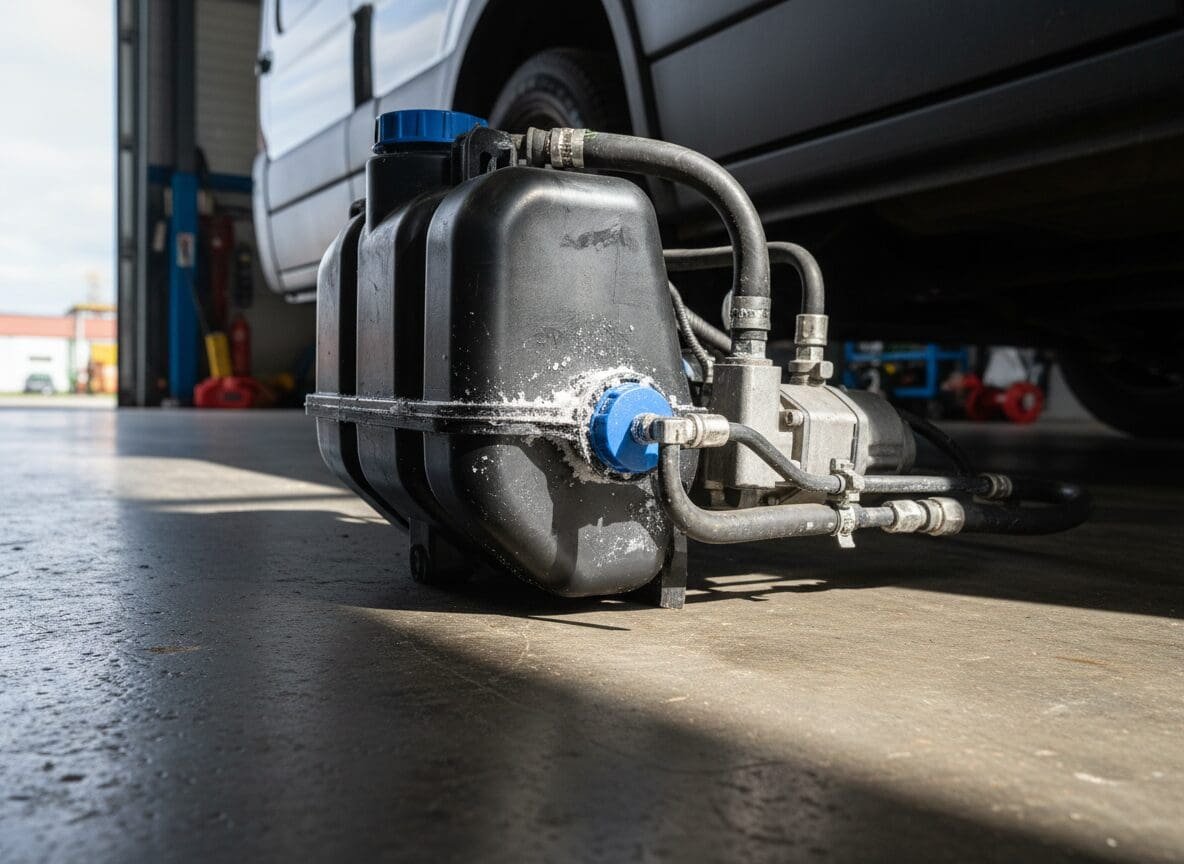 AdBlue tank module being inspected from underneath a van