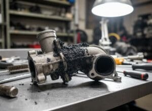 EGR valve removed and laid on a workbench showing heavy carbon deposit buildup