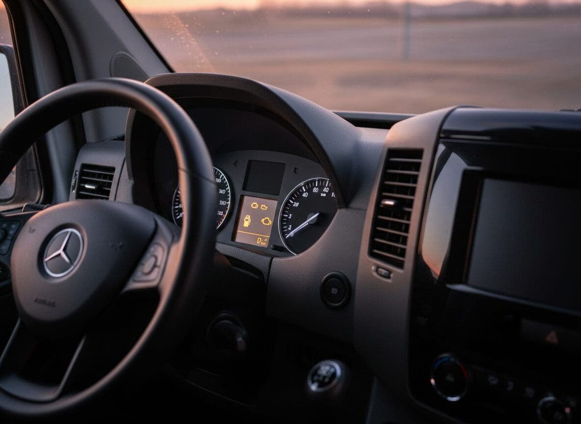 Mercedes Sprinter dashboard warning light at dusk