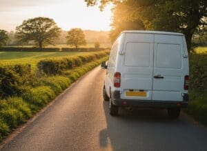 White diesel van driving along a rural UK country road
