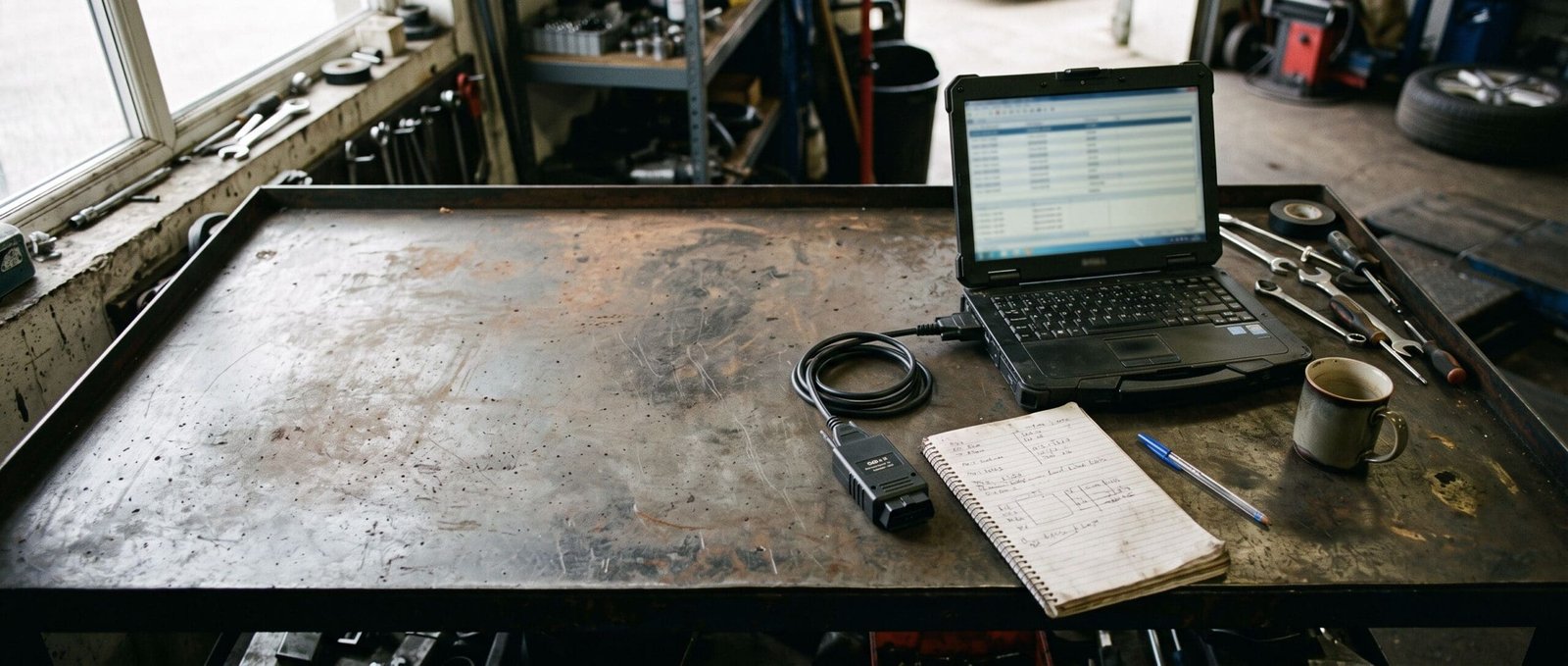 Diagnostic laptop and OBD reader on a workshop bench