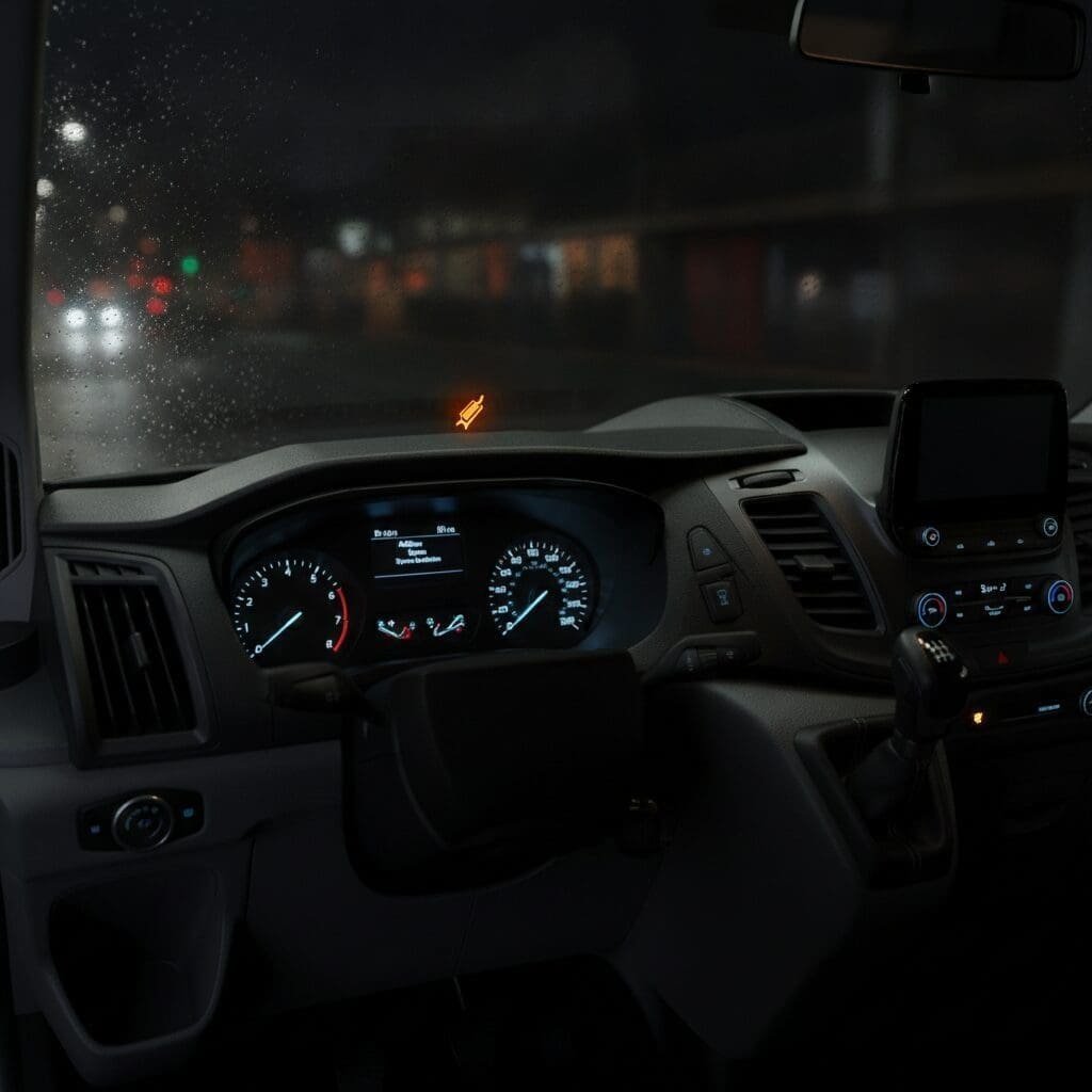 Ford Transit Custom dashboard showing AdBlue malfunction service required warning light
