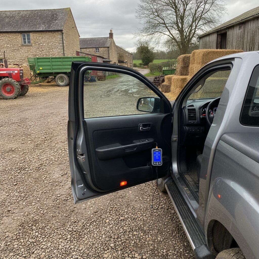 Isuzu D-Max pickup truck at farmyard with OBD diagnostic reader — P207F AdBlue fault guide