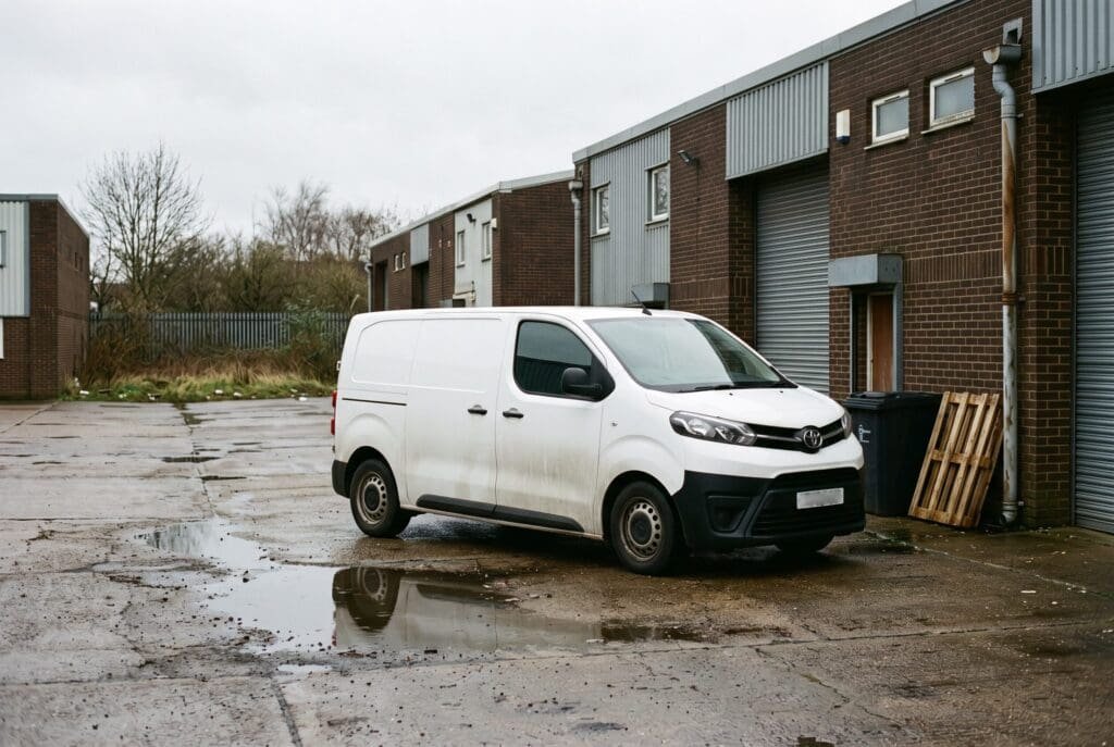 White Toyota ProAce van parked on a UK industrial estate with AdBlue warning faults