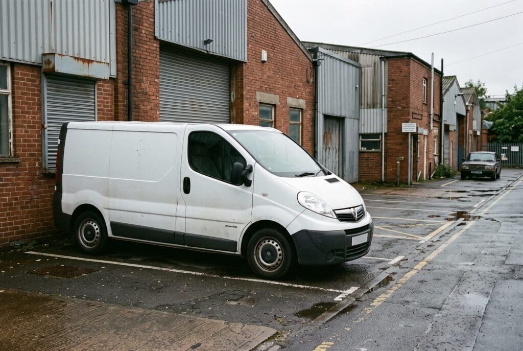White Vauxhall Vivaro van parked on a UK industrial estate after an AdBlue warning light fault